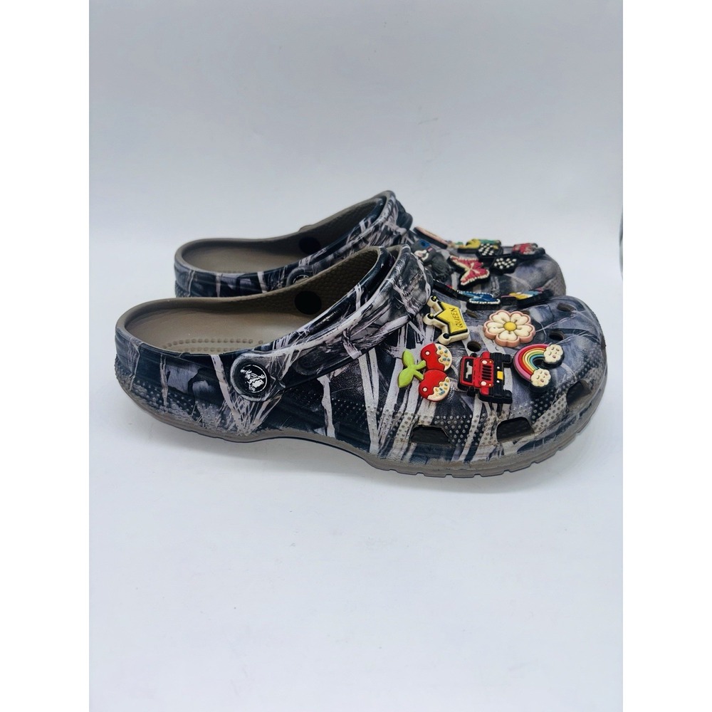 Crocs Classic Clogs Black White Marbled M7 W9 with Assorted Charms